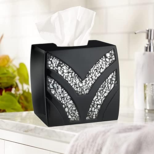 Zahari Home 2pc Sinatra Black Modern Bath Accessories Set Waste Basket & Tissue Box Modern Decorative Beautiful Designs Bathroom Decor Set for Home Luxury Bath Set Mosaic Glass