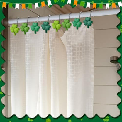 Thyle 12 Pcs St Patrick's Day Shamrock Shower Curtain Hooks, Clover Resin Ornament Rings Green Shamrock Curtain Hangers Irish Decorative Rings Accessories for Home Holiday Bathroom Restroom Decor