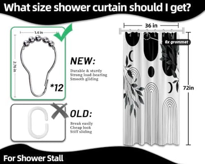 Mid Century Modern White and Black Shower Curtain Bohemian MCM Black and White Shower Curtains for Mens Bathroom Decor, Boho Minimalist Pattern, Waterproof Cloth Fabric with Hooks 36x72 in