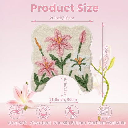Lily Flower U-Shaped Toilet Mat, Romantic Floral Non-Slip Bath Rug with Wave Edge Design, Soft Absorbent Microfiber Floor Mat for Toilet Base, Machine Washable Bathroom Decor 20x22 (U-Shaped Lily)