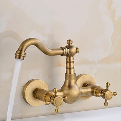 Antique Brass Bathroom Faucet & Kitchen Mixer Tap 180° Swivel Wall-Mounted Sink with Double Handles Elegant Design for Modern and Vintage Decor