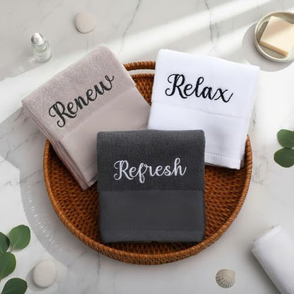 Tiamon 3 Pcs Bathroom Towel Decorative Set 100% Cotton Fluffy Bath Hand Towels for Guest Gifts Farmhouse Kitchen Hand Towels Home(Black, White, Gray,30 x 13 Inch,Relax Renew Refresh)