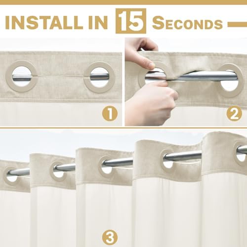 WONICY No Hook Stall Shower Curtain with Snap-in Liner, Cream, 54 x 80
