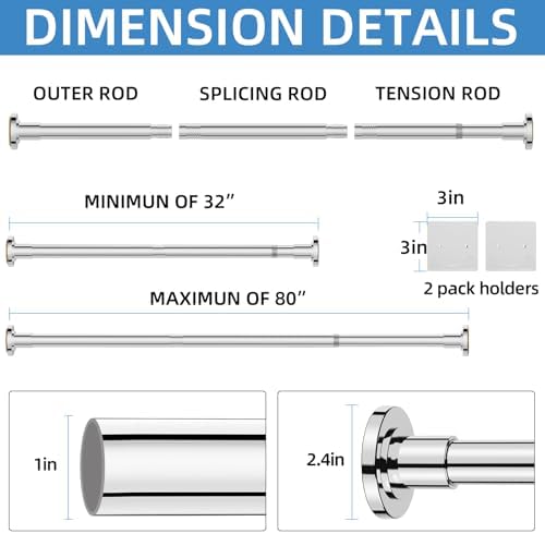 CorkLatta Chrome Adjustable Shower Curtain Rod 32 to 80 inch with 2 Holders