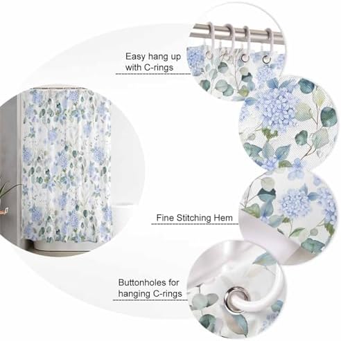 Shower Curtain Bathroom Set Summer Watercolor Blue Hydrangea Waterproof Fabric Shower Curtains with Grommets&Hooks Pastoral Eucalyptus Leaf Privacy Bath Curtain for Bathtub Decor 60x72IN