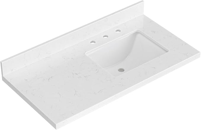 ARIEL 42 inch Bathroom Vanity top with Sink, 1.5 Inch Thick Miter Edge Carrara White Quartz top, Right Offset Vanity top with Rectangle Porcelain Sink, Includes Backsplash
