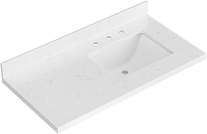 ARIEL 42 inch Bathroom Vanity top with Sink, 1.5 Inch Thick Miter Edge Carrara White Quartz top, Right Offset Vanity top with Rectangle Porcelain Sink, Includes Backsplash