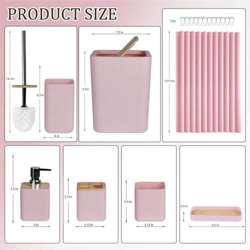 CERBIOR Bamboo Bathroom Accessory Set with Shower Curtain,Pink,20PCS