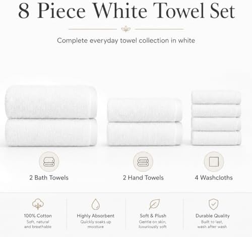 BIOLINEN White Towel Set 8 Piece Bathroom Set, 2 Bath Towels 2 Hand Towels 4 Washcloths, 100% Cotton Soft Absorbent Towel Sets for Bathroom Gym Spa