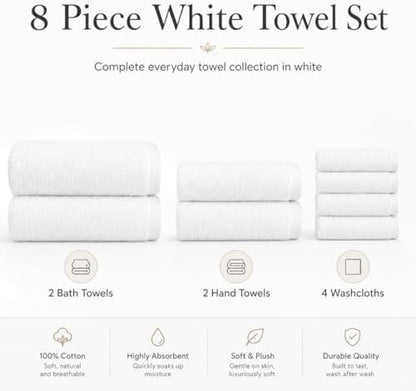 BIOLINEN White Towel Set 8 Piece Bathroom Set, 2 Bath Towels 2 Hand Towels 4 Washcloths, 100% Cotton Soft Absorbent Towel Sets for Bathroom Gym Spa