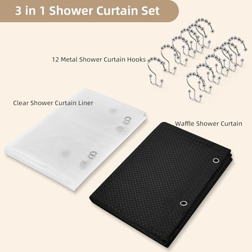 Shower Curtain and Liner Set, 3 in 1 Waffle Shower Curtain Set with 12 Double Sided Shower Curtain Hooks, Fabric Shower Curtains for Bathroom, Black, 72 x 72