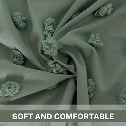 Extra Long Green Boho Shower Curtain Woven Fabric Cute 84 Inch Shower Curtain, 72 x 84 Tufted Pleat Floral Puffs Textured Modern Farmhouse Minimalist Shower Curtain Set with Hooks for Bathroom
