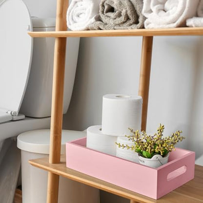 ALELION Pink Bathroom Basket for Organizing - Wooden Toilet Tank Paper Basket with Handle for Back of Toilet Tank Top Organizer - Pink Kitchen Bathroom Decor Accessories