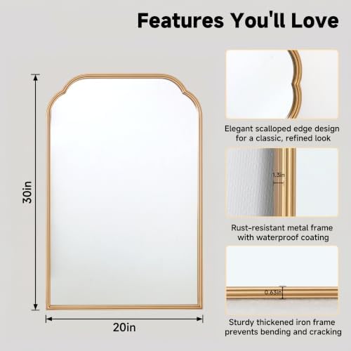 30"x20"﻿ Gold Bathroom Scalloped Mirror, Rust-Proof Metal Frame