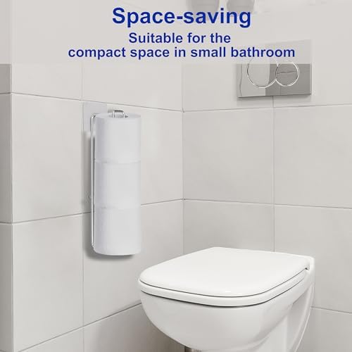 Bathroom Toilet Paper Holder with Storage Extra 3 Rolls, Over The Tank Toilet Paper Holder Wall Mount, Small Restroom Organizer, Adhesive RV Tissue Storage, Stainless Steel, Silver, 1PC