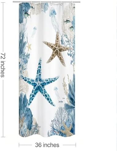 Blue Beach RV Shower Curtain for Bathroom, Ocean Coastal Theme, 32x72 In