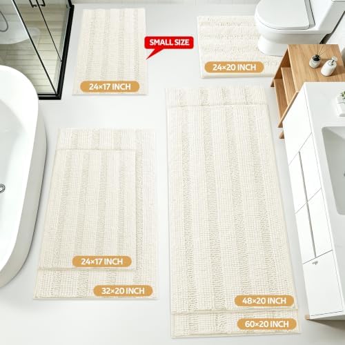 ACCUMTEK Striped Ice Cream Bathroom Rug Set 3 Pieces Ultra Soft, Non Slip Chenille Toilet Mat, Absorbent Plush Shaggy Bath Mats for Bathroom, Bedroom, Kitchen
