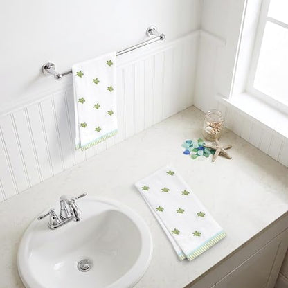 Ritz 2-Piece Cotton Velour Bathroom Hand Towel Set, Embroidered Sea Turtle Pattern, Soft Decorative Towels for Beach House, Coastal, or Spa Decor, 16” x 26”