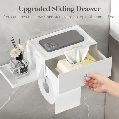 Lifewit Toilet Paper Holder Wall Mount with Shelf & Drawer, White, 2 Pack