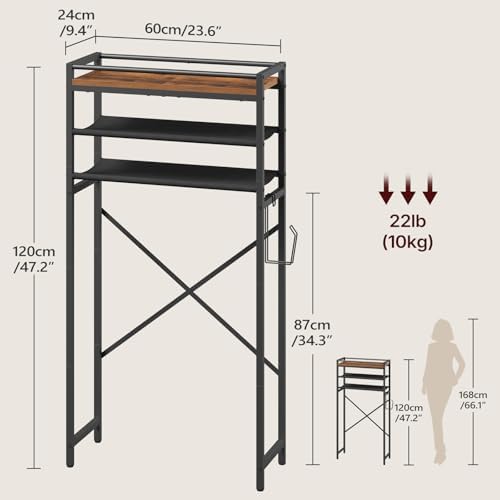 MAHANCRIS Over Toilet Storage, 3-Tier Bathroom Organizer Shelf with Toilet Paper Holder, Freestanding Space Saver Bathroom Shelves Above Toilet for Bathroom, Laundry Room, Rustic Brown TSHR1201