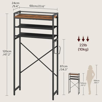 MAHANCRIS Over Toilet Storage, 3-Tier Bathroom Organizer Shelf with Toilet Paper Holder, Freestanding Space Saver Bathroom Shelves Above Toilet for Bathroom, Laundry Room, Rustic Brown TSHR1201