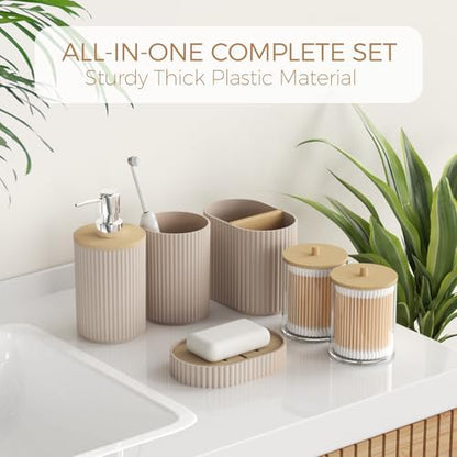 Bathroom Accessories Set - Beige Bathroom Set with Shower Curtain and Rugs, Trash Can, Toilet Brush with Holder, Soap Dispenser, Toothbrush and Toothpaste Holder, Cup, Soap Dish, Qtip Holders, Hooks