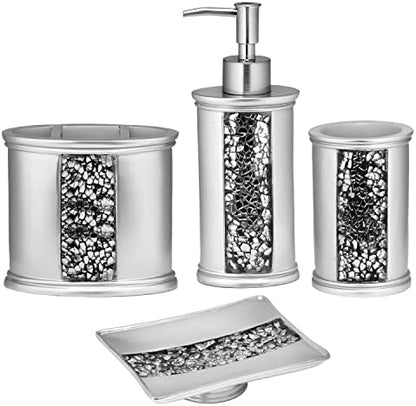 Zahari Home 4pc Sinatra Stylish Bathroom Accessories Set Liquid Soap Dispenser, Tumbler, Tooth Brush Holder and Soap Dish Modern Classic Luxury Decor Bling Mosaic Glass Silver Bathroom Accessories