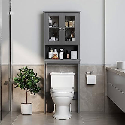 Over the Toilet Storage Cabinet for Bathroom, Storage Organizer Over Toilet, Bathroom Space Saver with Tempered Glass Doors, Gray