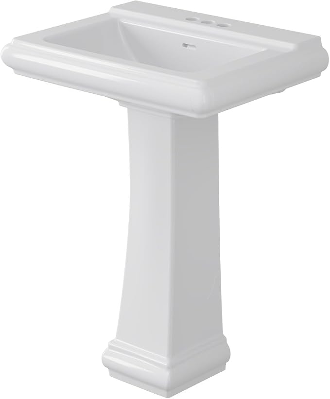 Pedestal Sink Square Ceramic Basin with 4 inch 3-Hole Faucet Setup, Large Bathroom Sink for Home Renovation, Classic Pedestal Style for Guest and Main Bathrooms