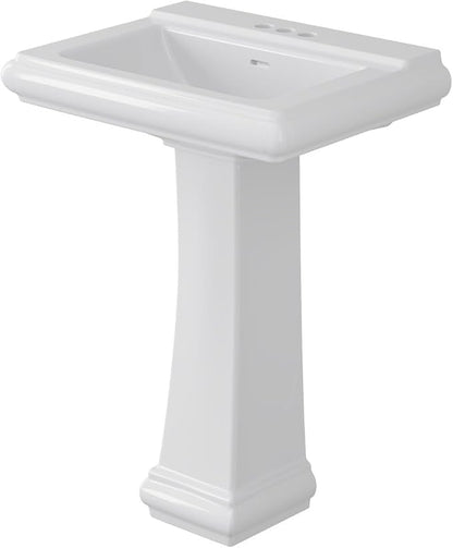 Pedestal Sink Square Ceramic Basin with 4 inch 3-Hole Faucet Setup, Large Bathroom Sink for Home Renovation, Classic Pedestal Style for Guest and Main Bathrooms