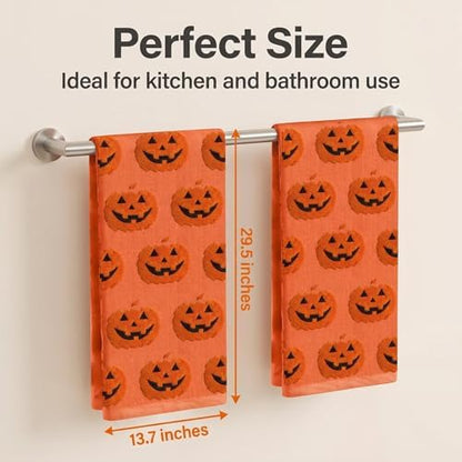 2 Pack Halloween Hand Towels 100% Cotton Jacquard ack-O'-Lantern Halloween Kitchen Towels White Bathroom Towels Set Seasonal Bathroom Decor (Orange ack-O'-Lantern)