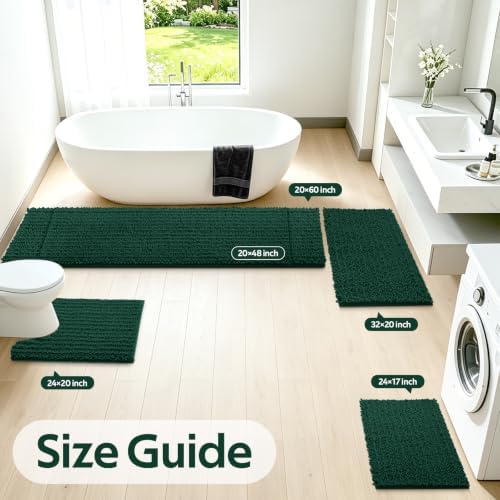 ACCUMTEK Upgrade Luxury 2 Piece Deep Green Toilet Bathroom Rug Mat 48"x20"+24"x17", Ultra Soft Thick Absorbent Bath Mats, Non Slip Chenille Toilet Mat for Bathroom, Bedroom, Kitchen, Shower, Tub