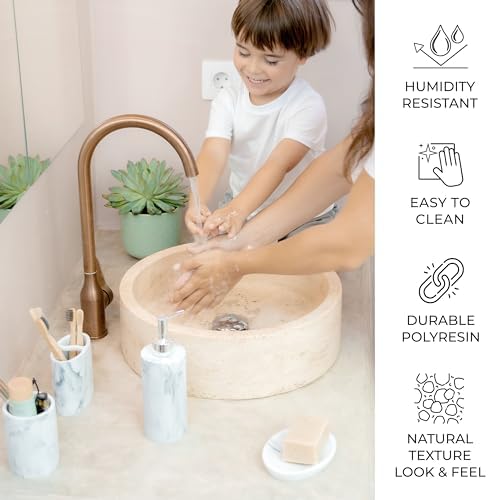 ZCCZ Bathroom Accessory Set, 4 Pcs Marble Look Bathroom Vanity Countertop Bathroom Décor Sets Accessories with Soap Dispenser, Toothbrush Holder Set, Tumbler, Soap Dish (White Marble Look Rounded)