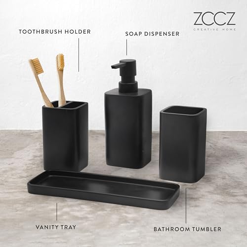 ZCCZ Bathroom Accessory Sets, 4 Pieces Bathroom Accessories Complete Set Vanity Countertop Accessory Set, Includes Lotion Dispenser Soap Pump, Tumbler, Toothbrush Holder and Tray (Matte Black)