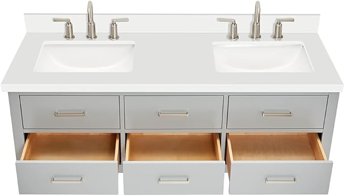 ARIEL Hutton 60-inch Bathroom Vanity with Sink,Solid Wood, 1.5-inch Pure White Quartz Countertop & Backsplash, Double Rectangular Porcelain Sink, 3 Dovetail Drawers, Grey