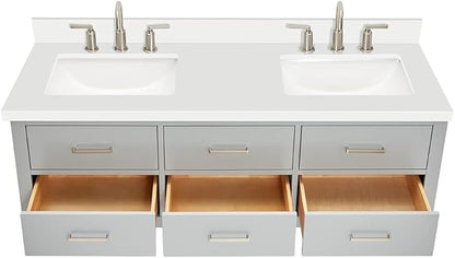 ARIEL Hutton 60-inch Bathroom Vanity with Sink,Solid Wood, 1.5-inch Pure White Quartz Countertop & Backsplash, Double Rectangular Porcelain Sink, 3 Dovetail Drawers, Grey