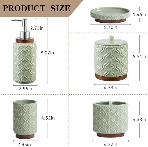 RQYIXI Ceramic Bathroom Accessories Set,Sage Green,5 Piece,Embossed Design
