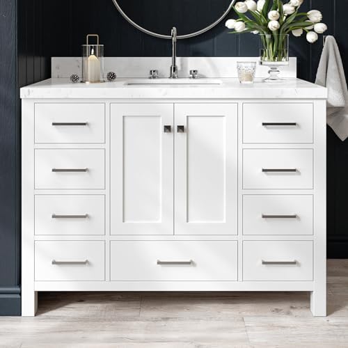 ARIEL Cambridge 48-inch Bathroom Vanity with Sink,Solid Wood, 1.5-inch Carrara White Quartz Countertop, Single Rectangular Porcelain Sink, 2 Soft Closing Doors, 9 Dovetail Drawers, White
