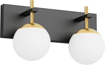 Ralbay 2-Light Black and Gold Vanity Lights Mid Century Modern Bathroom Wall Lighting Milky Glass Globe Black Gold Vanity Light for Bathroom
