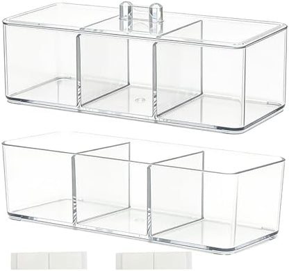 2 Pack Clear Bathroom Organizer with Lid, 3 Compartment Cotton Swab Holder