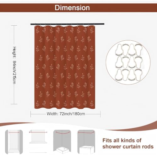 ORTIGIA Linen Shower Curtain 72 W x 84 L Farmhouse Vintage Terracotta Floral Long Shower Curtains Modern Boho Rustic Block Print Cottagecore Decor for Bathroom