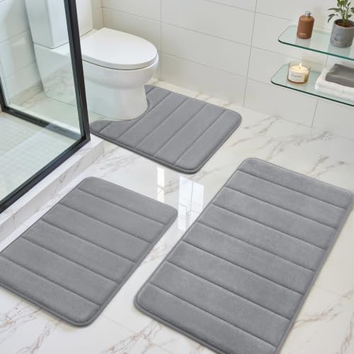 BYSURE Grey Memory Foam Bathroom Rug Set 3 Piece, Non Slip Extra Soft Absorbent Bath Mats, Machine Washable & Dry Toilet Mat Sets for Bathroom Floor