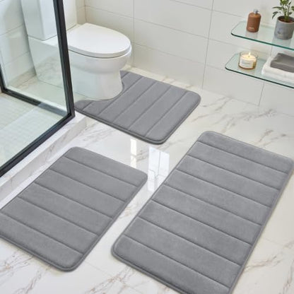 BYSURE Grey Memory Foam Bathroom Rug Set 3 Piece, Non Slip Extra Soft Absorbent Bath Mats, Machine Washable & Dry Toilet Mat Sets for Bathroom Floor