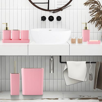 XLHOMO Pink Bathroom Accessories Set - Gorgeous Bathroom Set, 10PC Bathroom Accessory Set, Toilet Brush, Trash Can, Qtip Holder & Soap Dispenser