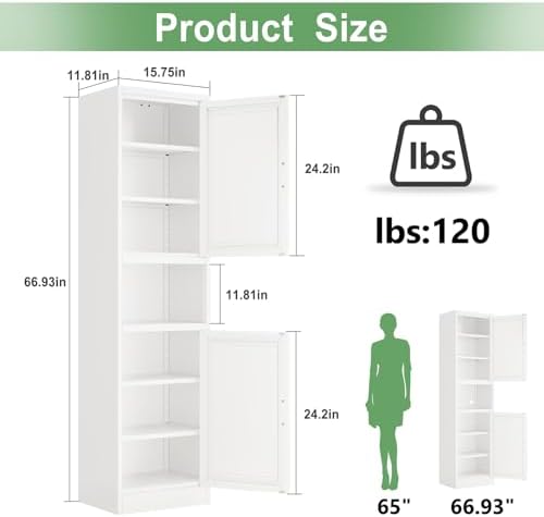 Ckzbx Tall Narrow Storage Cabinet 66.93" H Tall Bathroom Cabinets Metal Pantry Cabinet, 4 Adjustable Shelves for Kitchen, Home Office, Living Room, Dinning Room (16 inches Wide White)