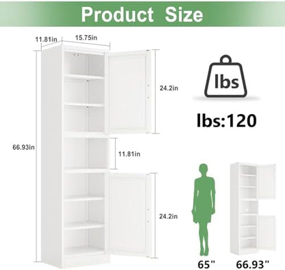 Ckzbx Tall Narrow Storage Cabinet 66.93" H Tall Bathroom Cabinets Metal Pantry Cabinet, 4 Adjustable Shelves for Kitchen, Home Office, Living Room, Dinning Room (16 inches Wide White)