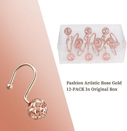 Gracelife 12Pcs Hollow Ball Shower Curtain Hooks Luxury Quality Rustproof Stainless Steel Shower Curtain Rings Hooks for Bathroom Rod (Rose Gold)