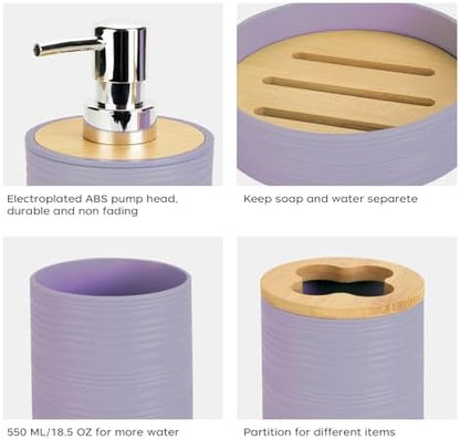 4PCS Lavender Bathroom Set, Soap Dispenser, Dish & Bamboo Holder, Rustic