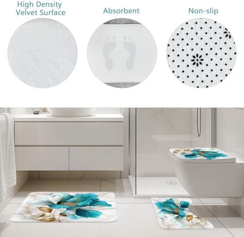 Teal Gold Marble Floral Modern 4Pcs Bathroom Shower Curtain Set with Rugs