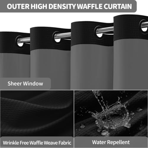 Dynamene Black Hook Free Waffle Shower Curtain & Snap-in Fabric Liner,54x75